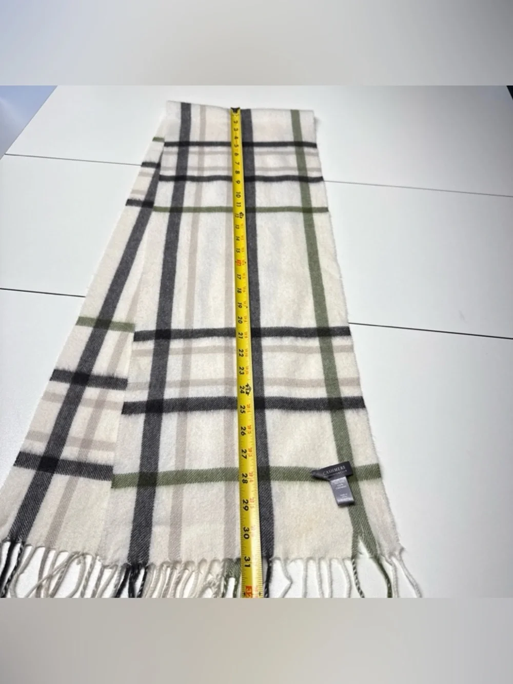 Charter Club Men’s Scarf Nova Check 100% Cashmere Cream Gray Green Preppy 10x62